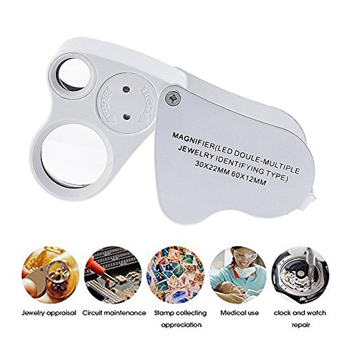 Unique 2 Lens Design Illuminated Jeweler's Eye Loupe 30x & 60x Magnifier Magnifying with LED Lighting for Gems Jewelry Rocks Stamps Coins Watches Hobbies Antiques Models Photos