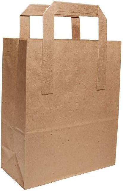 50 X Large Kraft Paper Brown SOS Food Carrier Bags with Handles Brown Paper Bags - ECO Friendly, Recyclable, H: 30 cm x Width: 14 cm x Length: 25 cm
