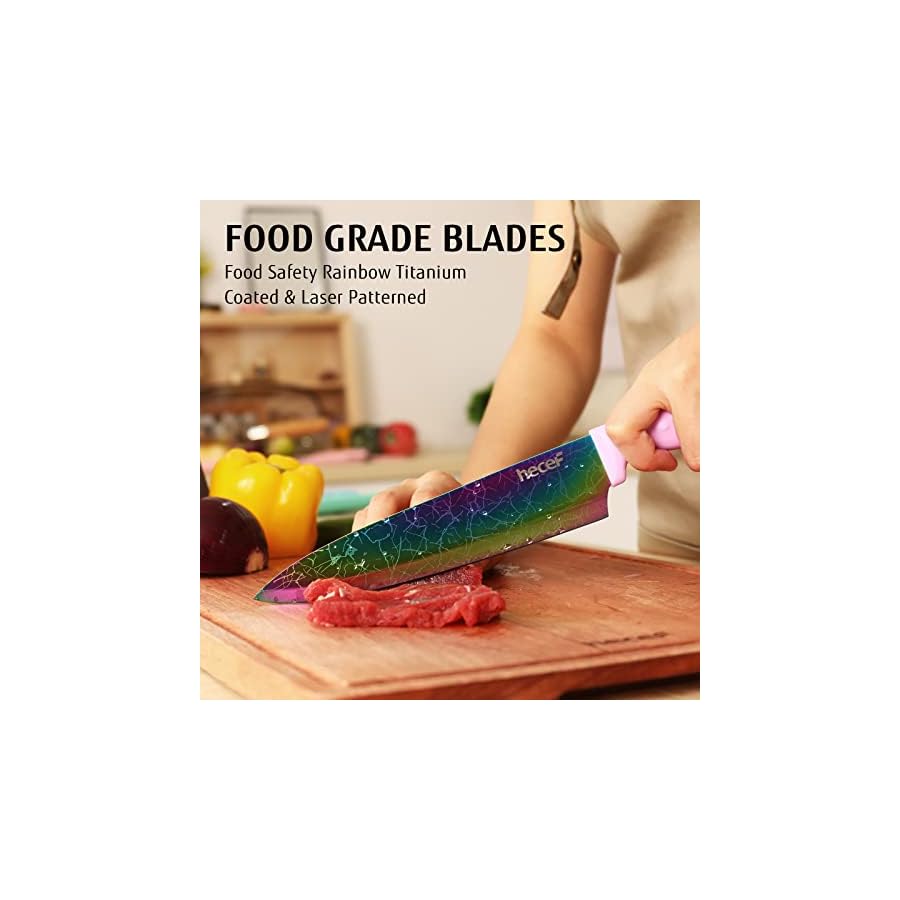 hecef-14-Pieces-Knife-Set-with-Block-Rainbow-Titanium-Knives-Set-with-Laser-Pattern-Martensitic-Stainless-Steel-Chef-Knife-Set-with-Sharpener-Steak-Knife-ScissorsPurple hecef 14 Pieces Knife Set with Block, Rainbow Titanium Knives Set with Laser Pattern, Martensitic Stainless Steel Chef Knife Set with Sharpener, Steak Knife, Scissors, Mothers Day Gift