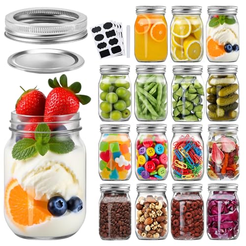 16pack 16oz Mason Jars with Airtight Lids and Bands, Regular Mouth Pint Canning Jars, Clear Glass Jars Ideal for Canning, Pickling, Meal Prep, Jam, Honey, Shower/Wedding Favors, Labels & Pen Included