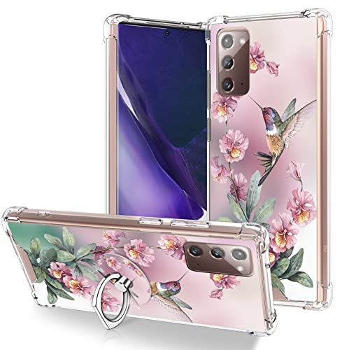 OOK Clear Case Compatible with Samsung Galaxy Note 20, Pink Hummingbird Flexible TPU Shockproof Anti-Scratch Bumper Transparent Cover for Galaxy Note 20 with Ring Kickstand