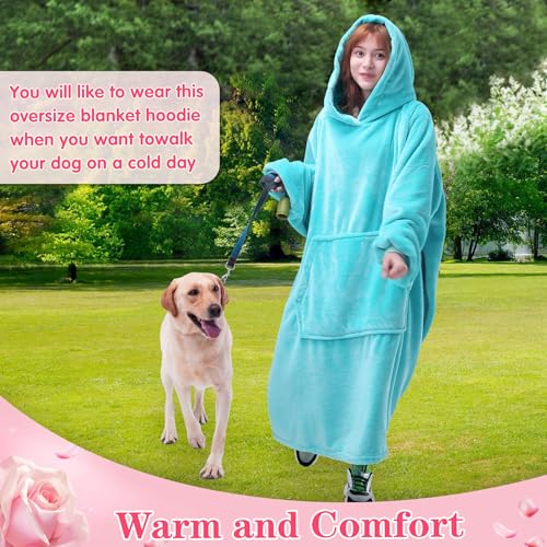Image of Waitu Wearable Blanket Sweatshirt for Women and Men, Super Warm and Cozy Giant Blanket Hoodie, Thick Flannel Blanket with Sleeves and Giant Pocket - Cyan
