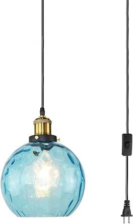 Plug-in Green Glass Pendant Light - 14.75Ft Cord, Brass Finish, Mid Century Modern Hanging Lamp - View #6