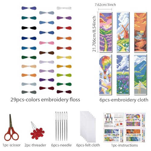 Image of FREEBLOSS 6 Set Cross Stitch Bookmark Kit for Beginner Adults Landscape Stamped Embroidery Bookmark Kits Cross Stitch Kits with Instruction Bookmarks Making Kit for Book Lovers 8x2.4in /20x6cm