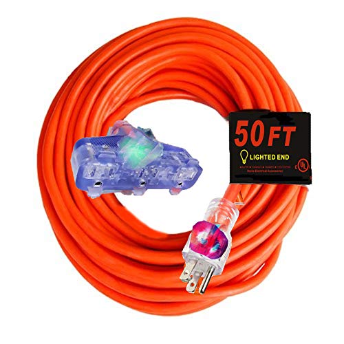 Black Friday - 50% OFF 50 ft 10 Gauge Extension Cord Heavy Duty Indoor Outdoor Triple Outlet Extension Cord 10/3 125 Volt, 1875 watt, 5-15P/R, UL Listed 10 Gauge Power Extension Cord 10 3 Prong 50 ft