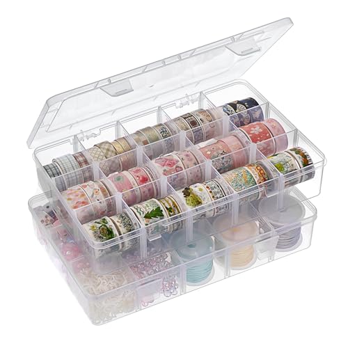 BTSKY 2 PCS Plastic Washi Tape Organizer, Adjustable 15-Grid Compartment Washi Tape Storage Case, Clear Sticker Storage Box for Scrapbook Organizers and Storage, Universal Jewelry Box Bead Organizer