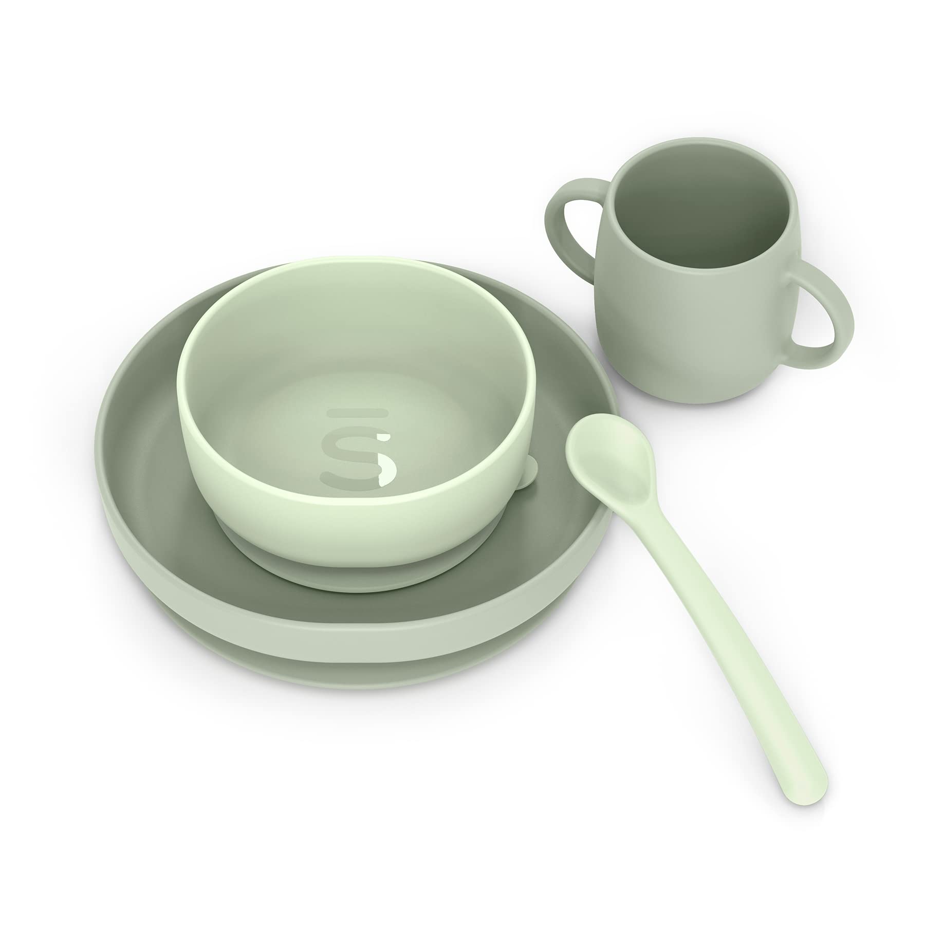 Suavinex, Stoviglie per Bambini in Silicone, con Ventosa Resistente. Include: Ciotola da 350 ml + Piatto da 400 ml + Tazza da 240 ml + Cucchiaio, +4 Mesi. Colour Essence, Verde