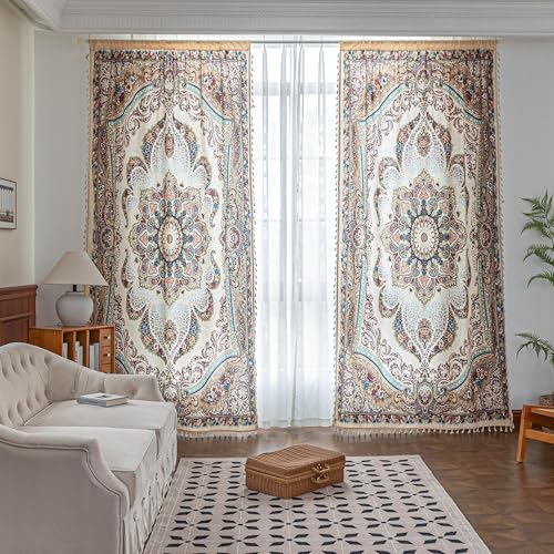 Image of Brown Medallion Curtains 72 Inches Long, Vintage Paisley Boho Farmhouse Light Filtering Rod Pocket Drapes with Tassel Trim for Bedroom Living Room, 2 Panels