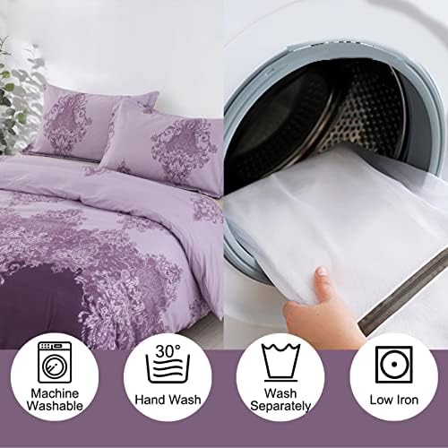 Bohemian Flower Bedding Set Purple Mandala Boho Duvet Cover Set King Size Ethnic Exotic Style Duvet Cover with Zipper Closure Microfiber Quilt Cover with Pillowcases for Adult Kids Teen