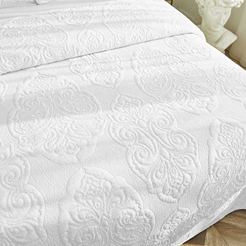 Brandream White Quilt Set Cotton Twin Size Farmhouse Comforter Set Vintage Paisley Matelasse Bedspread Coverlet Set(White Paisley) #TOP2