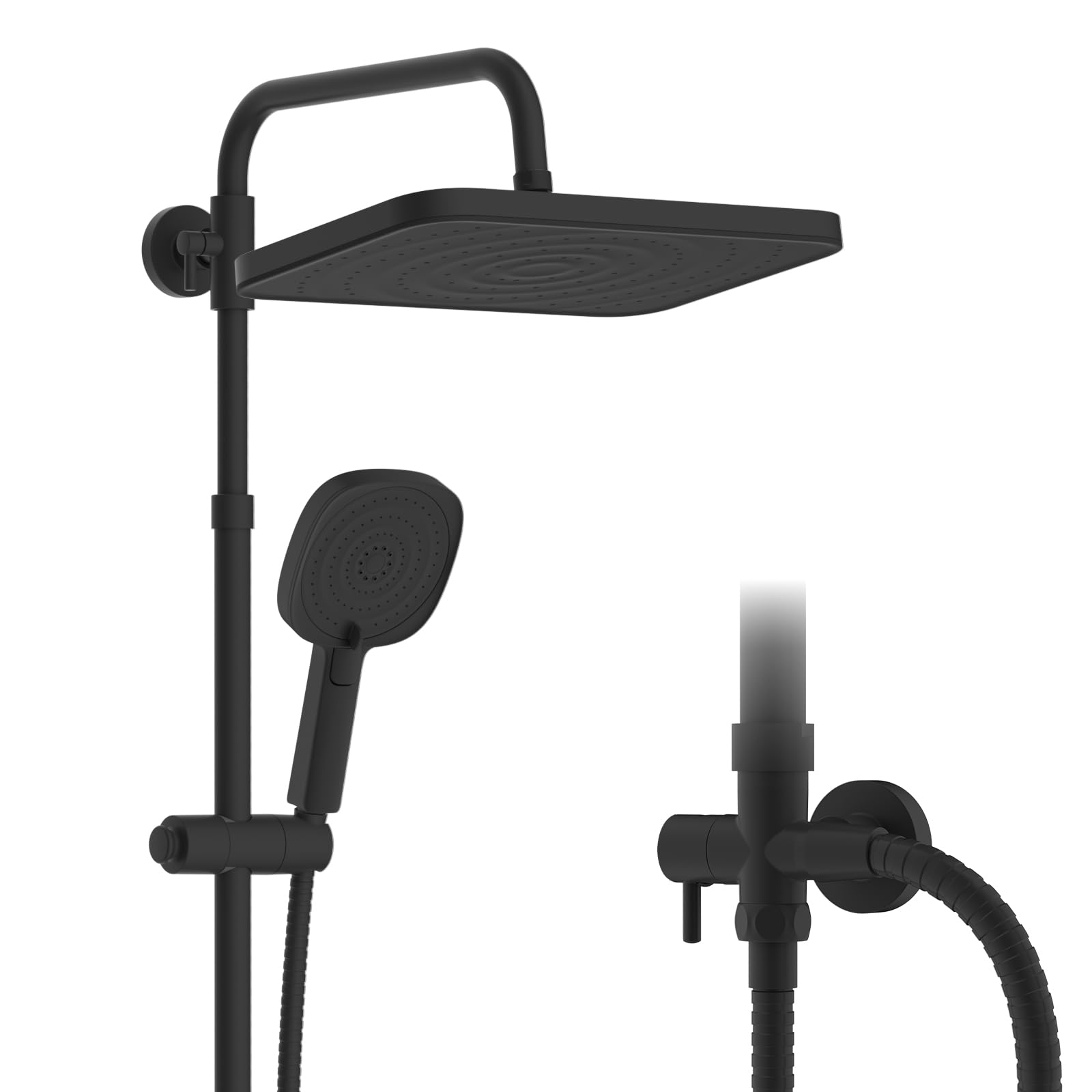 Hibbent Self-Cleaning Rainfall Shower Kit with 304 Stainless Steel Shower Rail, 4-Mode Handheld Shower Head, Height Adjustable, Without Mixer, Brass Diverter, 30 * 20cm, Black