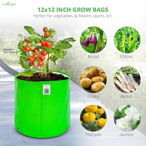 Image of Anandi Green's Premium Hdpe Uv Protected 260 GSM Round Shaped Green Colour Plants Grow Bags Suitable for Terrace and Vegetable Gardening 10x10 Inch Pack of 5