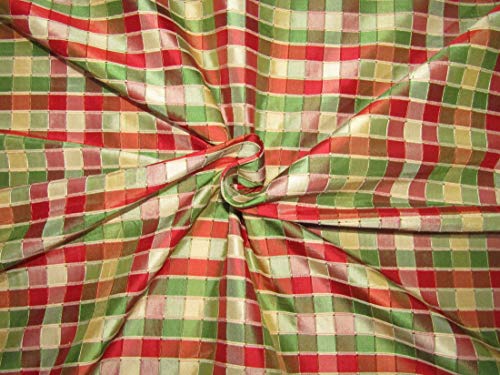 Tissu pure soie au mètre motif carreaux rouge vert doré 137 cm pour couture et vêtement
