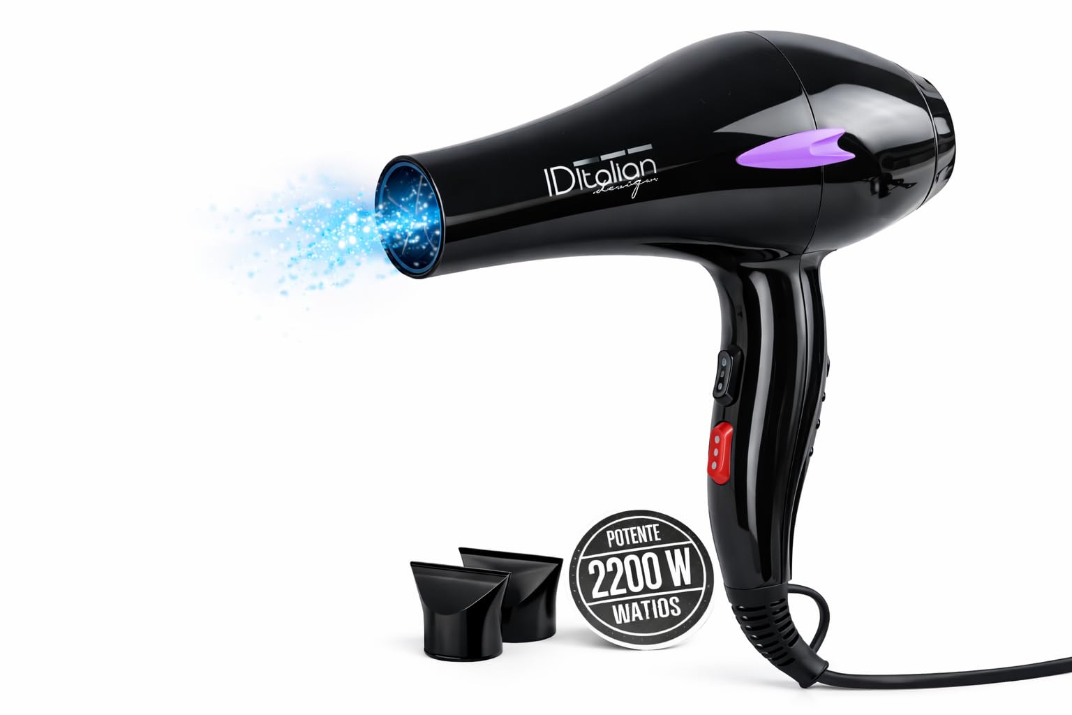 ID Italian Design – Asciugacapelli professionale Ion Elite 2200 W – Tecnologia ionica, motore AC, 3 livelli di calore, 2 velocità e colpo d’aria fredda – Include 2 beccucci