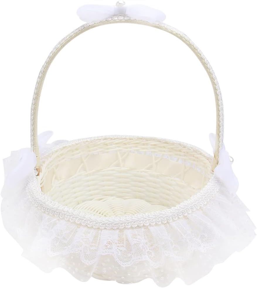 Flower Wedding Girl Baskets Storage Lace Rattan Wicker White Woven Picnic Weddings