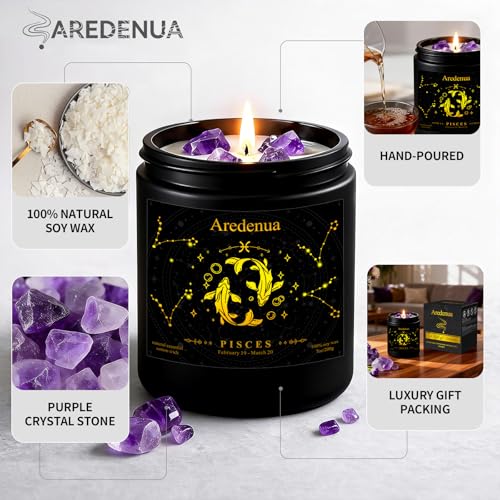Image of Pisces Zodiac Candles with Amethyst Crystals, Ocean Dream Scent