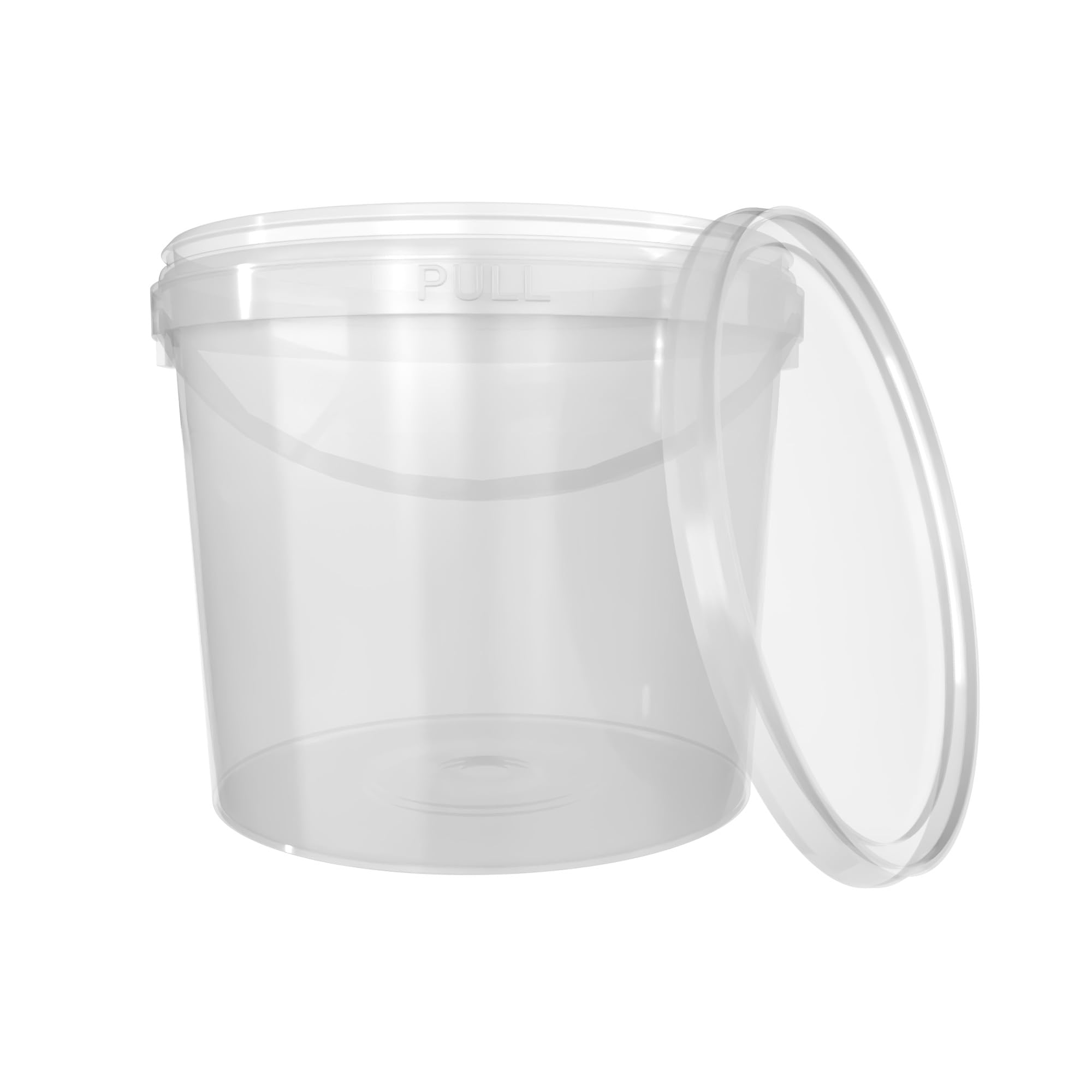 20 secchi con coperchio, 5 l, trasparenti, rotondi, in plastica, per alimenti, ermetici e stabili, secchi vuoti con manico e coperchio, adatti per alimenti chimici in polvere
