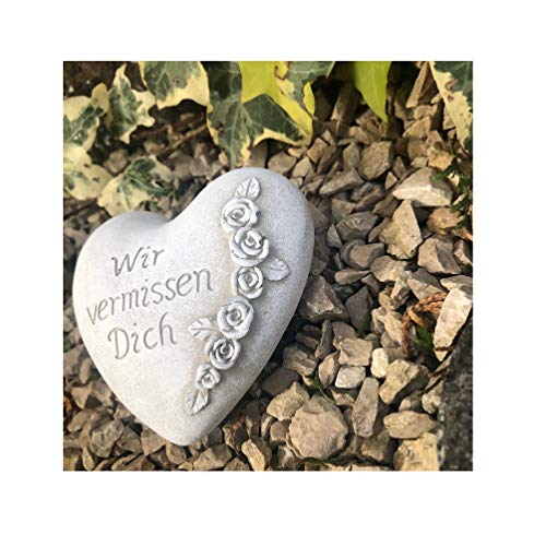 Radami Grabherz Gedenkstein - Wir vermissen Dich - Grabschmuck Grabdeko Trauerherz 10cm, Handarbeit - Handbemalt