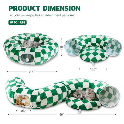 Image of Cat Tunnel for Indoor Cats, Cute Peekaboo Cat Cave with Dangling Balls, Checkered Pet Donut Tunnel Bed with Circle Mat for Puppy Kitten Rabbit, Green /White