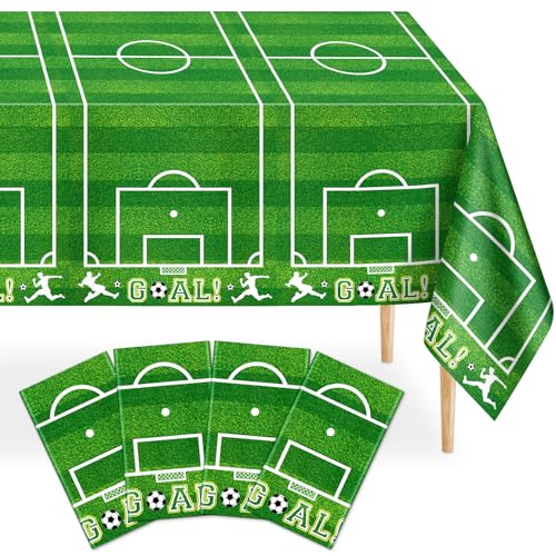 Image of Mulbozy 4 Pcs Soccer Tablecloths Disposable, 54 x 108 Inch Soccer Party Decorations Table Cloth, Plastic Sports Table Cover for Picnic Birthday Party Supplies Decoration