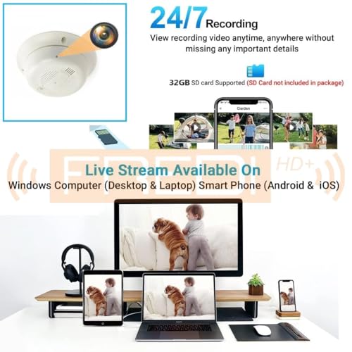 Image of FREDI HD PLUS WiFi Smoke Detector Camera 1080P HD | Live View on Mobile & PC | 32GB Support | 24x7 AC Powered | Loop Recording | Ceiling Mount Design