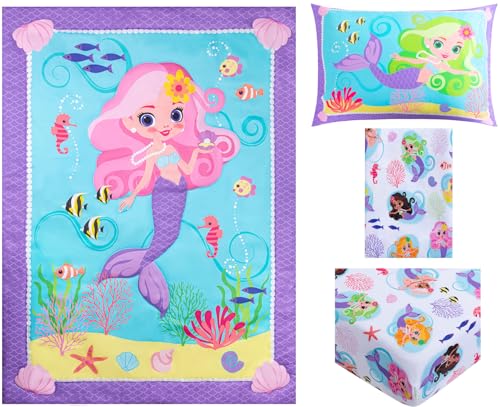 Image of Todays Kids Mermaids Toddler Bedding Set for Girls - 4-Piece Toddler Bed Sheets and Comforter Set, Reversible Comforter & Pillowcase, Flat Sheet, Fitted Sheet, Breathable & Super Soft Microfiber