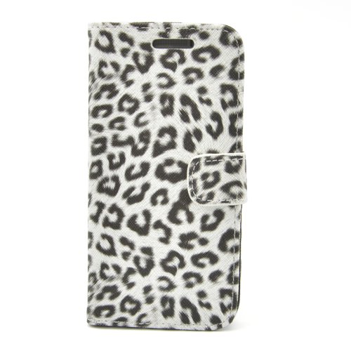 Apexel   Funda de Piel Tipo Libro para HTC One M8 (Tarjetero, Correa, Cierre magnético), diseño de Piel de Leopardo, Color Blanco