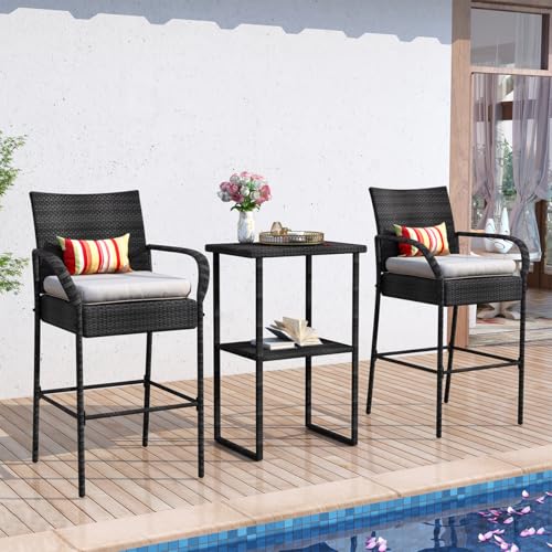 Image of Sundale Outdoor Wicker Bar Stool Set of 2, Patio Counter Height Pub Chair with Arms, High Top Rattan Barstool, Cushion Beige, All-Weather Outdoor Rattan Furniture (Gray&Beige, Small Seat - 2 Stools)