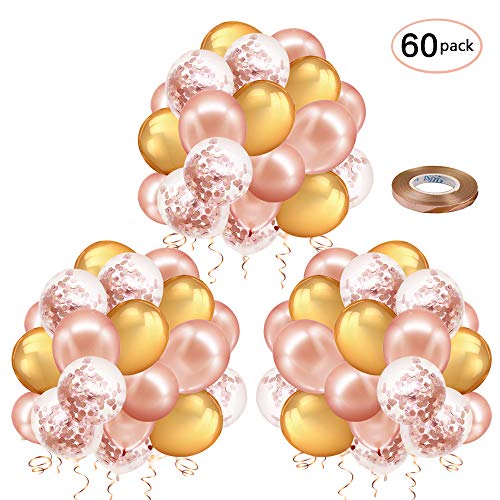 YMSZ Ballons Confettis Or Rose, Ballons en Latex Doré de 12 Pouces avec Ruban en Or Rose pour Les Décorations de Graduation de Fête d'anniversaire de Mariage (60pcs)