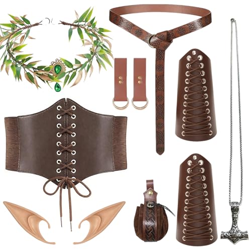 Mittelalter Kleidung für Damen, 10 Stück Mittelalter Accessoires Damen mit Armschienen Mittelalter Gürtel Kranz Elfenohren Tasche Gürtel usw.,...