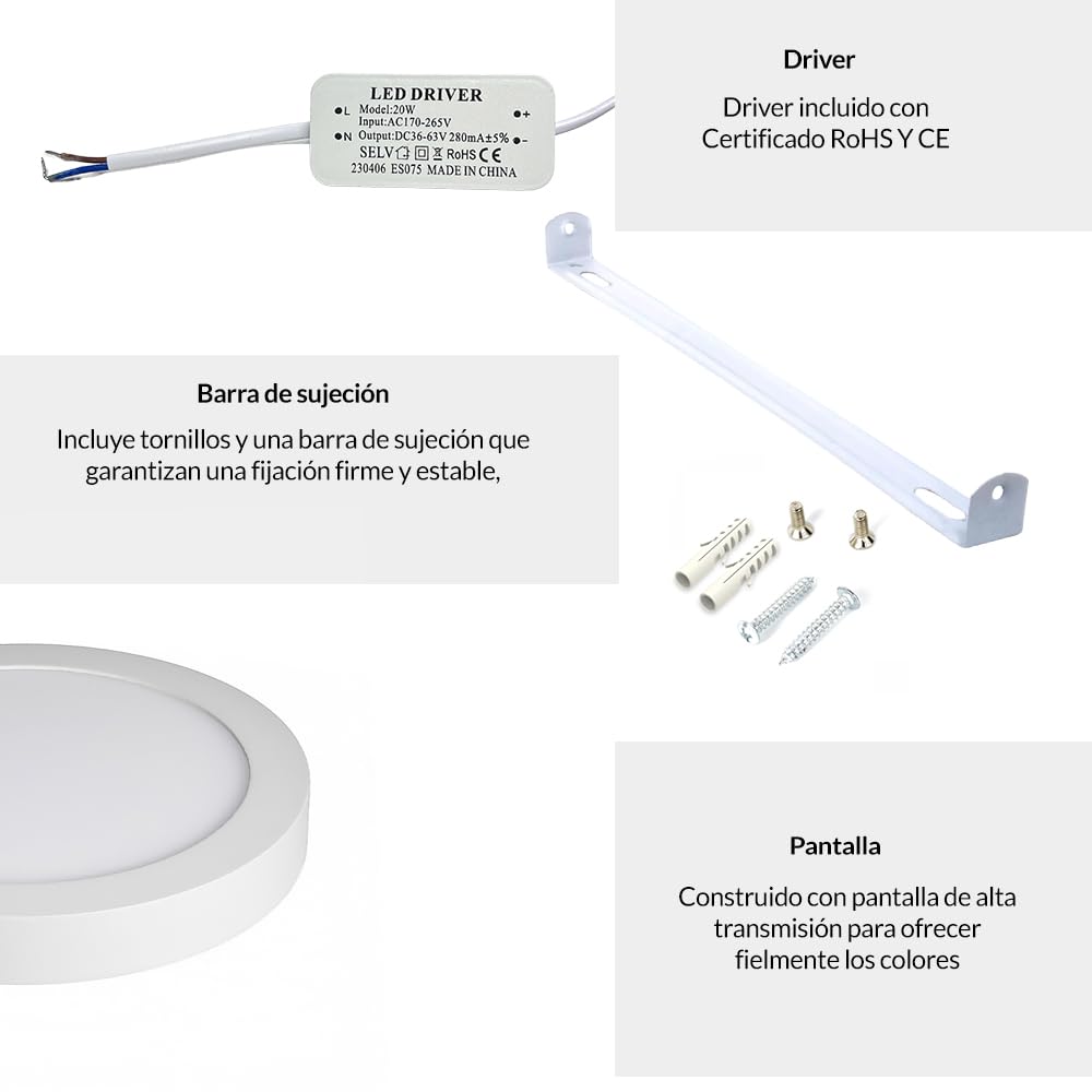 M Ledme - Panel de Superficie Serie Slim 20W, 2000lm, Luz fría (6000k). Lámpara de techo de interiores IP20. Ideal para Baño, Cocina, Dormitorio. Fácil de instalar, LM5243.