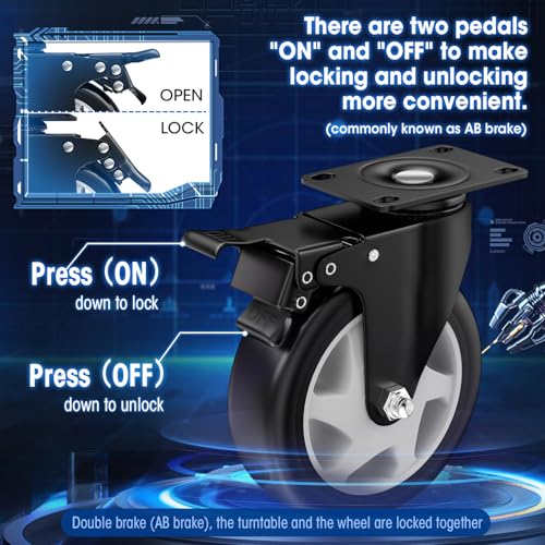 Image of 5 Inch Caster Wheels, Casters Set of 8, ASHGOOB Casters with Brake Heavy Duty, Industrial Locking Swivel Top Plate Castor Wheels for Workbench /Furniture /Cart. （AB Switch, Double Pedal Brake