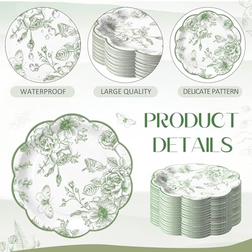 Image of Funnymoom 60 Pcs 7 inch Sage Green Floral Party Plates Vintage Floral Leaf Disposable Paper Plates Green Toile Scalloped Dessert Plate for Spring Wedding Bridal Baby Shower Tea Party Decoration Supplies