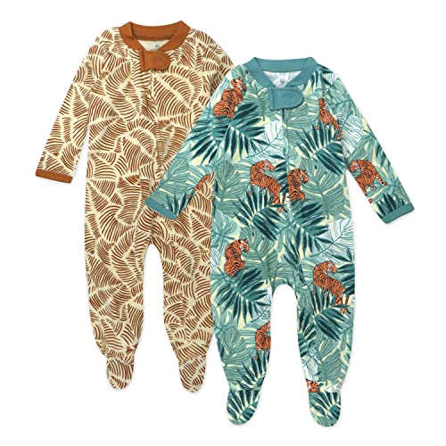 Image of HonestBaby Sleep and Play Footed Pajamas One-Piece Sleeper Jumpsuit Zip-front PJs 100% Organic Cotton for Baby Girls, Tiger Time, 3-6 Months