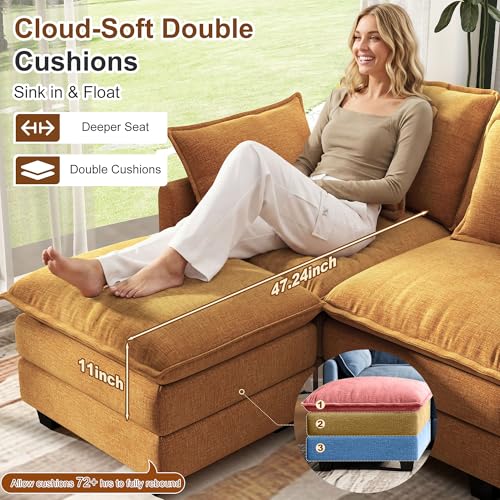 Image of 107 inch Cloud Couch Sectional Modular Sofa, Deep Seat Couches with Ottoman and Removable Washable Pillows for Living Room, Bedroom, Apartment, Orange