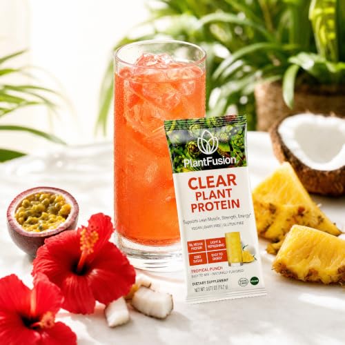 Image of PlantFusion Clear Protein Powder Sample Pack - Vegan Pea Protein Peptides Drink Mix to-Go - 12g Protein, Low Calorie, Zero Sugar, Gluten Free (4 Packets - 2 Tropical Punch + 2 Pineapple Coconut)