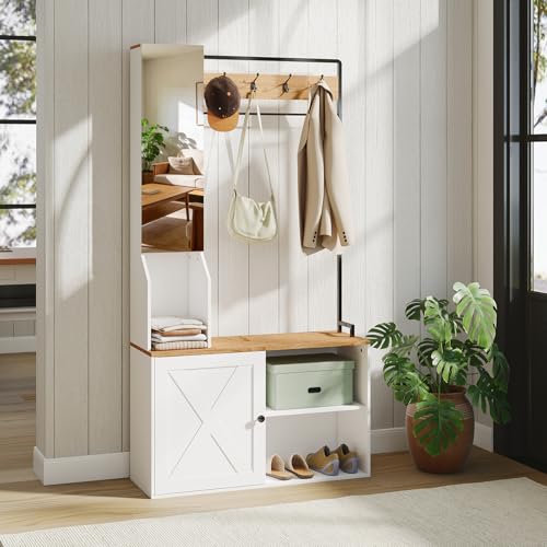 YU YUSING Perchero Zapatero Multifuncional con Espejo 90x30x170cm, Perchero Entrada Recibidor con Zapatero con Banco para Zapatos, Mueble Zapatero Recibidor Moderno con 4 Ganchos, Blanco y Natural