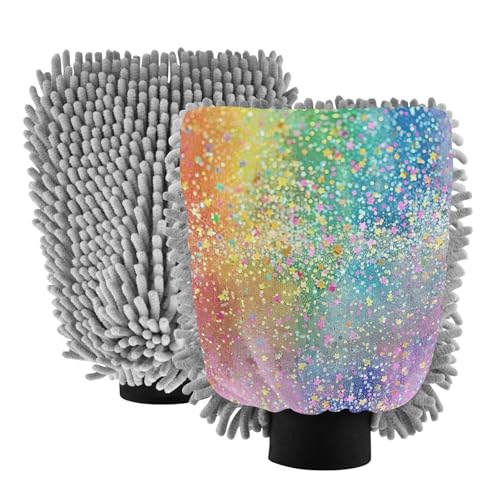 GakkiGii Rainbow Sequins 2 Pack Microfiber Car Wash Mitts, Dual-Sided Chenille Gloves, Scratch-Free for Auto Detailing & Home Cleaning, M