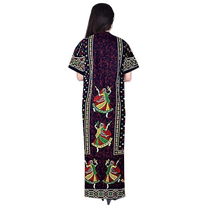 Image of NILOUFO Women's Cotton Printed Maxi Nighty - Pack of 2 | Soft Ankle-Length Sleepwear Gowns for Women | Free Size Night Dresses (Maroon,Blue, Free Size)