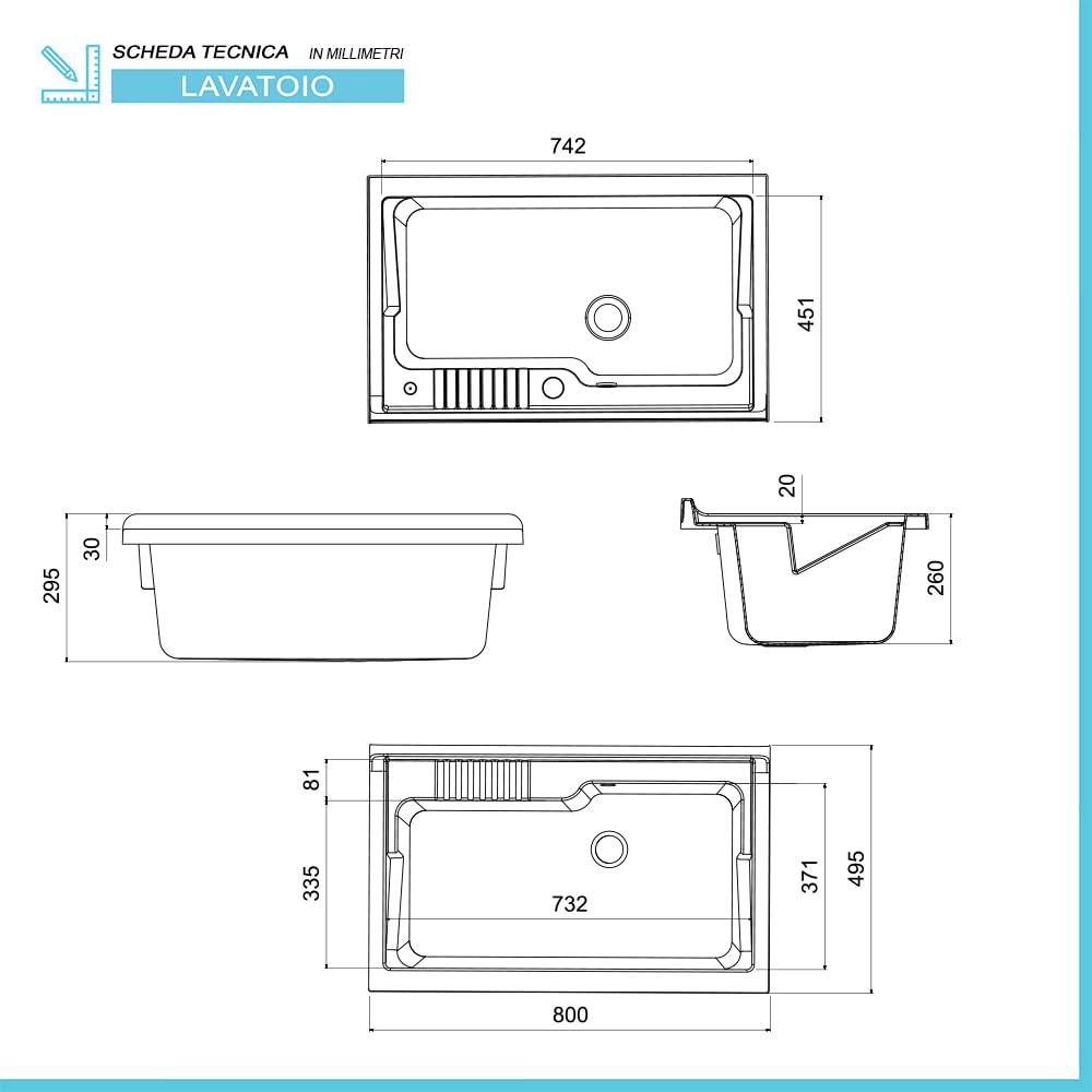 Inbagno Vasca lavatoio Lavanderia, 80x50 cm, in termoformatura Bianco, Ideale per Esterno (Vasca)