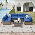 CARPETNAL 7 Pieces Patio Furniture Sets, Outdoor All-Weather Sectional Patio Sofa Set PE Rattan Manual Weaving Wicker Patio Conversation Set with Glass Table&Thick Cushions and Pillows, Blue.