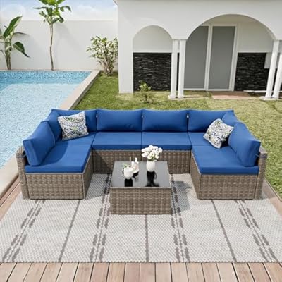 CARPETNAL 7 Pieces Patio Furniture Sets, Outdoor All-Weather Sectional Patio Sofa Set PE Rattan Manual Weaving Wicker Patio Conversation Set with Glass Table&Thick Cushions and Pillows, Blue.