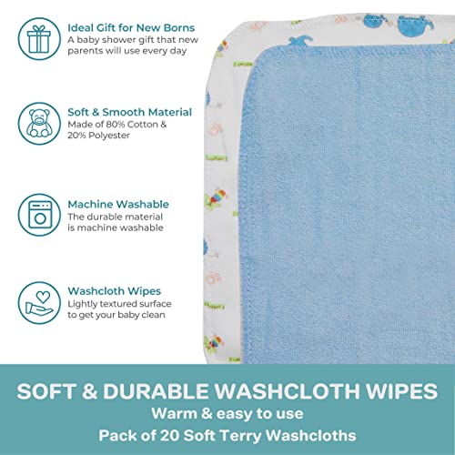 Image of Spasilk Washcloth Wipes Set for Newborn Boys and Girls, Soft Terry Washcloth Set, Pack of 20, Blue Elephant