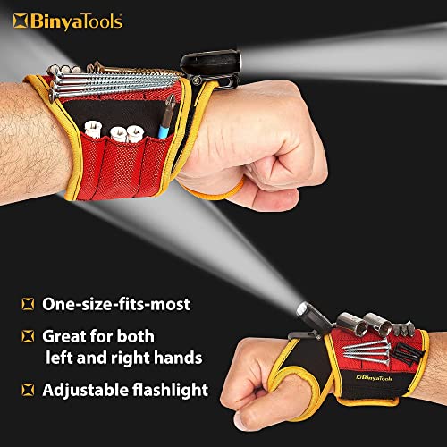 Binyatools Magnetic Wristband Red With Flashlight Super Strong Magnets Holds Screws, Nails, Drill Bit. Unique Wrist Support Design Cool Gadget Gifts For Fathers, Boyfriends, Stocking Stuffers For Men #TOP1