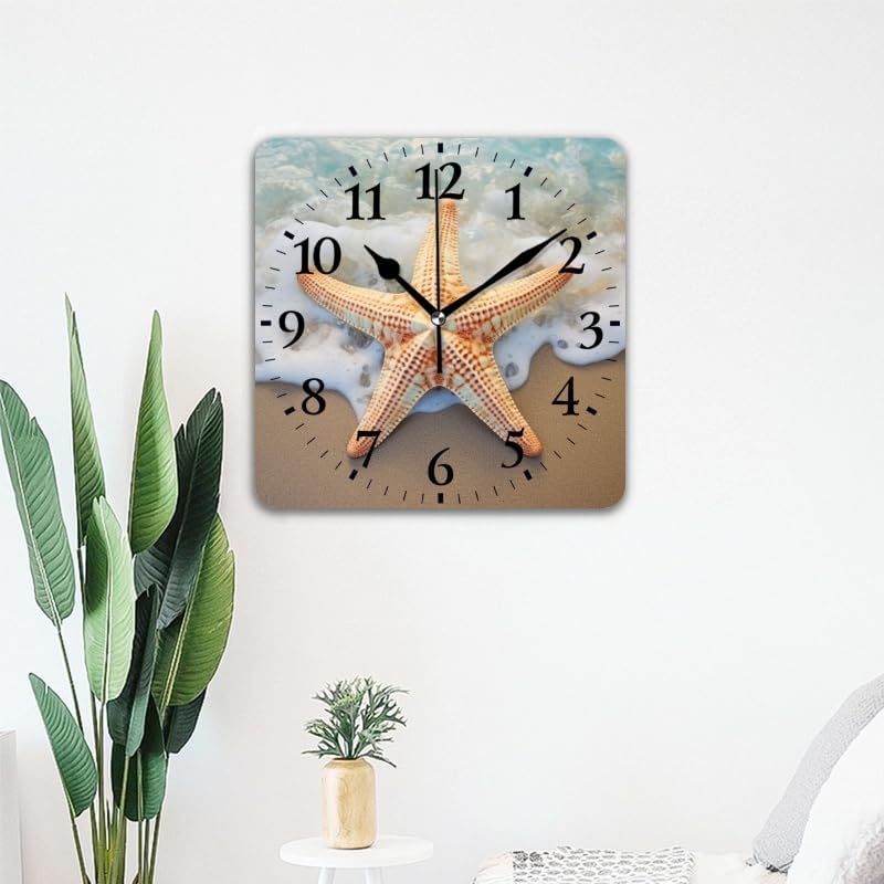 Quartz Wall Clocks Non-Ticking Silent Battery Operated Modern Wall Clocks Decorative for Home,Bedroom-Starfish On The Beach with Waves (16inch)