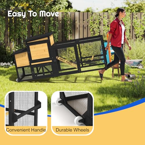 80" Chicken Coop for 2-4 Chickens with Wheels, Outdoor Wooden Hen House w/Nesting Box & Run Cage, Weatherproof for Backyard Poultry Pet Hutch, Removable Tray and Hanging Chicken Feeder - Image 6