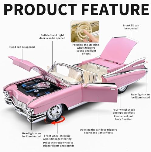 Image of FEXXA 1:24 Scale Die Cast Eldorado Cadillac Exclusive Alloy Metal Pull Back Die-cast Car Model with Sound Light Mini Auto Toy for Kids Metal Model Toy Car with Sound and Light? (Pink)
