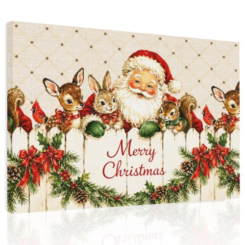 Merry Christmas Santa Claus Oil Painting Artwork on Canvas for Bedroom Living Room Bathroom Animals Wood Fence Holly Linen Stretched and Framed Painted
