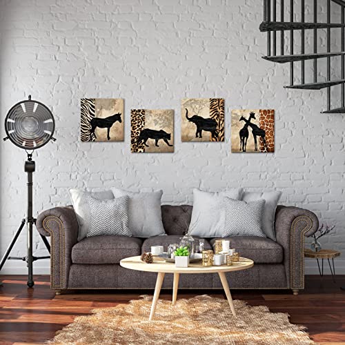 Homeoart African Animals Wall Art Canvas Prints Giraffe Zebra Elephant Leopard Painting African Landcape Living Room Bedroom Decor 12"X12"X4 Pieces #TOP2