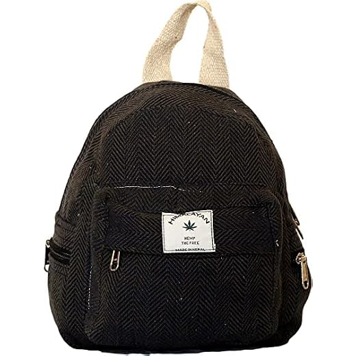 Handmade Hemp Mini Backpack For Girls Light Weight Washable Small Bag for everyday lives (BLACK)